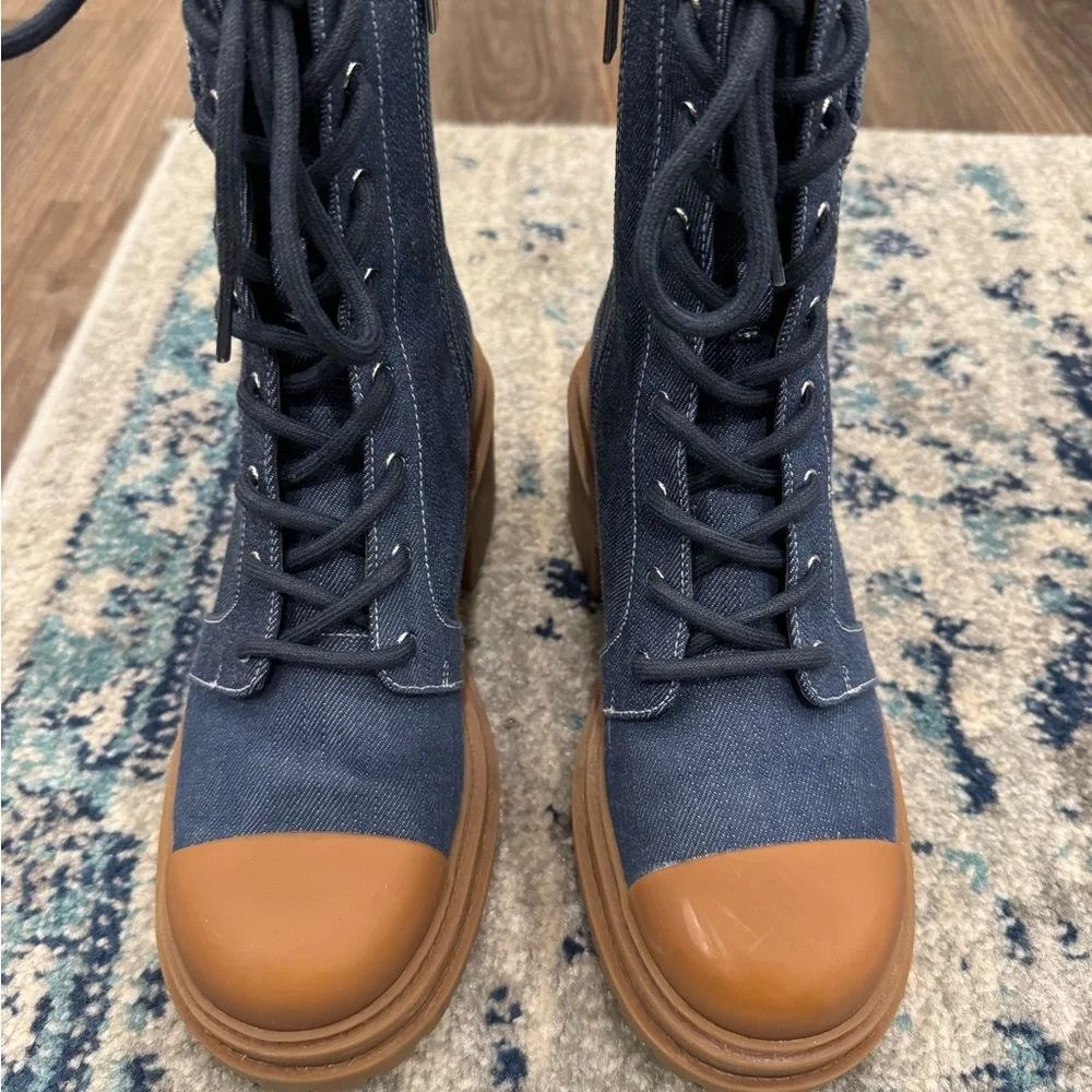 Michael Kors Blue Denim Lace-Up Platform Boots with Tan Cap Toe - Picture 3 of 4